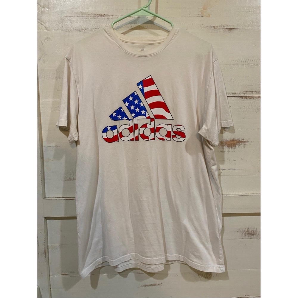 White Adidas Mens Shirt with American Flag - Short Sleeve XL T-Shirt